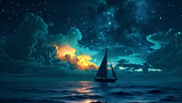 illustration fantasy style beautiful night sky in the ocean