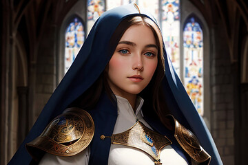 person in the church, young cleric woman wearing paladin armor and a priest veil, standing in front of a stained glass window