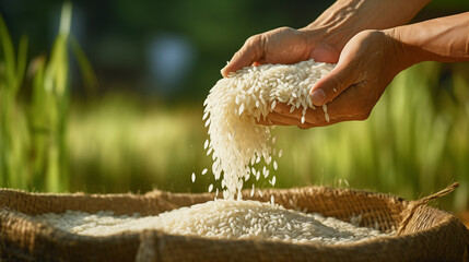 Hands pouring rice grains with care, symbolizing abundance and harvest against a rural backdrop - obrazy, fototapety, plakaty