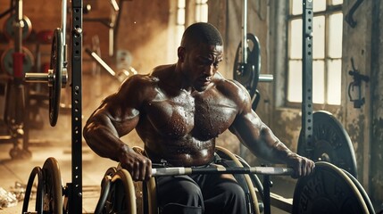 Wheelchair-bound bodybuilder intensely lifting weights in gym, an empowering image of inclusive fitness and adaptive sports determination