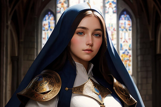 person in the church, young cleric woman wearing paladin armor and a priest veil, standing in front of a stained glass window