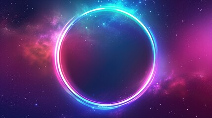 abstract background, cosmic landscape, round portal, pink blue neon light, virtual reality, energy source, glowing round frame, dark space, ultraviolet spectrum, laser ring, generative ai