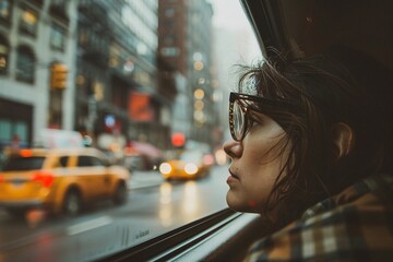 Young woman traveler eagerly peering out of the taxi window, eagerly anticipating the adventures that await in a new destination