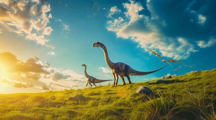 Dinosaurs in the Triassic period age in grass land and blue sky background, Habitat of dinosaur,...