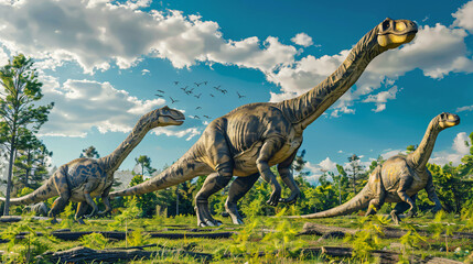 Dinosaurs in the Triassic period age in grass land and blue sky background, Habitat of dinosaur,...