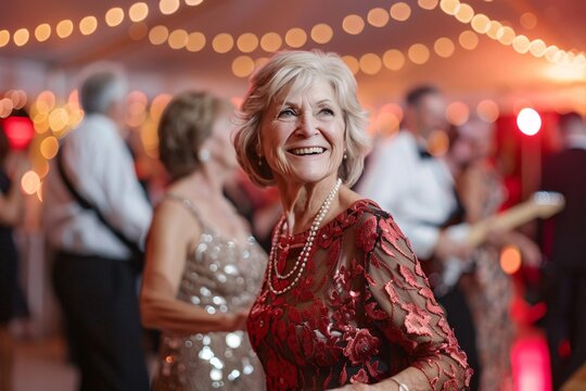 An elegant soirée in honor of an elderly lady's birthday, with guests dressed in their finest attire and a live band playing soft music as they dance the night away