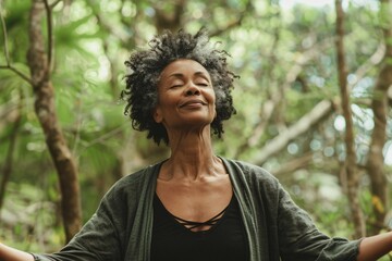 An adult woman celebrating her birthday with a yoga retreat, surrounded by serene nature and practicing mindfulness and meditation in a peaceful outdoor setting - obrazy, fototapety, plakaty