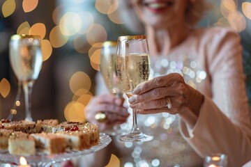 Affluent woman celebrating their milestone birthday in opulent style, surrounded by lavish decor and exquisite cuisine, radiating joy and contentment