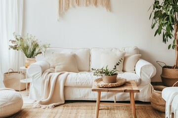 Modern living room interior with white sofa, wooden coffee table and natural plants