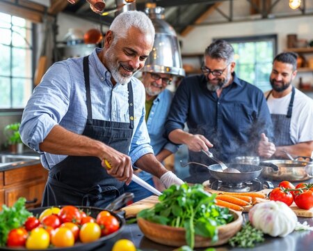 Multicultural group of men bonding through cooking, embracing unity and culinary exploration during andropause - Powered by Adobe