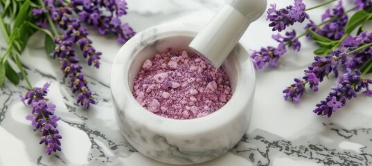 Lavender flowers in mortar on table  natural cosmetic ingredient with copy space
