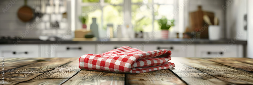 Poster empty beautiful wood table top counter with red and white checkered tablecloth and blur bokeh modern