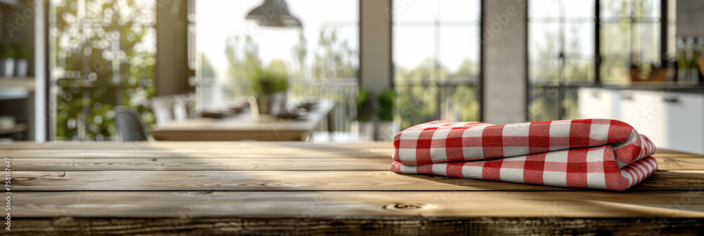 Poster empty beautiful wood table top counter with red and white checkered tablecloth and blur bokeh modern