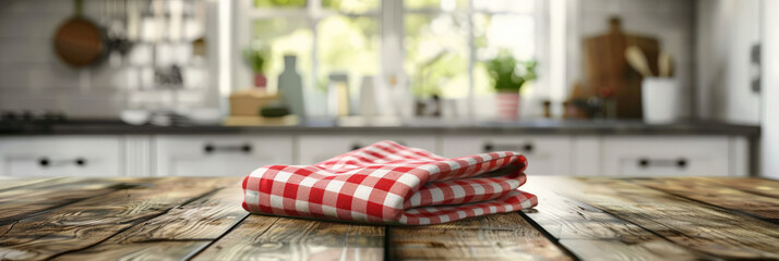  Empty beautiful wood table top counter with red and white checkered tablecloth  and blur bokeh modern kitchen interior background in clean and bright,Banner, Ready for product montage - obrazy, fototapety, plakaty