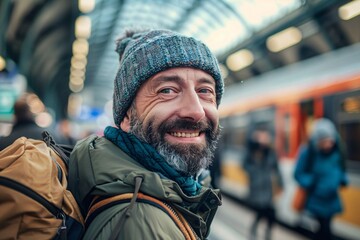 Adult man with a jubilant smile, reuniting with friends or family at the train station before departing on his vacation, the joy of the occasion evident in the warm embraces and excited chatter