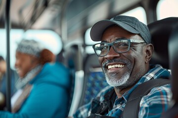 A black man with a grateful smile offering a seat to an elderly or pregnant passenger on the bus, embodying the spirit of kindness and community even as he heads off on his own vacation journey - obrazy, fototapety, plakaty