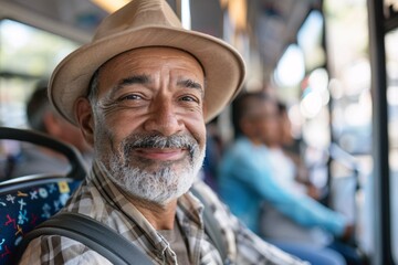 Black man with a grateful smile offering a seat to an elderly or pregnant passenger on the bus, embodying the spirit of kindness and community even as he heads off on his own vacation journey - obrazy, fototapety, plakaty