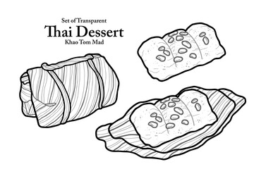 A series of isolated Thai desserts in cute hand drawn style. Banana in Sticky Rice in black outline on transparent background for coloring book or menu design.