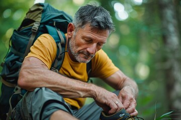 An adult man with a determined expression, lacing up hiking boots or strapping on a backpack, preparing for outdoor adventures such as trekking, camping, or exploring nature trails during his vacation - obrazy, fototapety, plakaty