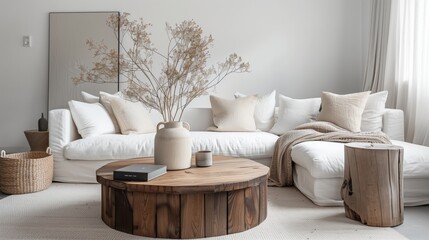 Fototapeta na wymiar Modern living room interior with white sofa, wooden coffee table and natural plants 