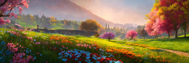 Beautiful colorful seasonal landscape with a blooming garden. Wide angle. - obrazy, fototapety, plakaty