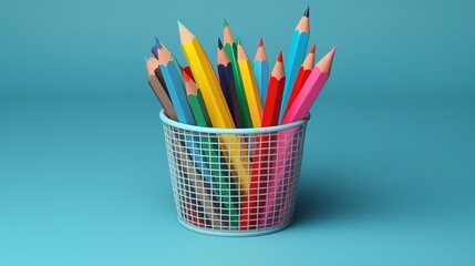 Colorful Books and Colored Pencils in Wire Mesh Basket

