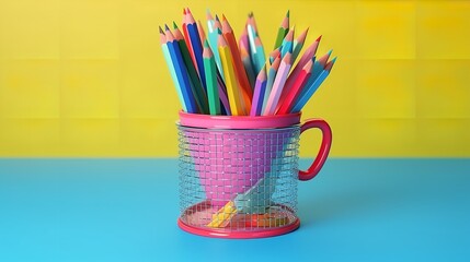 Colorful Books and Colored Pencils in Wire Mesh Basket

