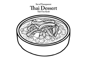 A series of isolated Thai desserts in cute hand drawn style. Crispy rubies in coconut milk in black outline on transparent background for coloring book or menu design.