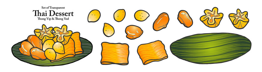 A series of isolated Thai desserts in cute hand drawn style. Thong yip, Thong yod, Foi Thong and Med Kanoon in vivid colors on transparent background for coloring book or menu design.