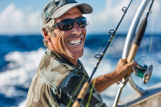 An adult man with a cheerful grin, embarking on an adventurous deep-sea fishing expedition at a tropical port of call, reeling in big catches and basking in the thrill of the hunt during his birthday