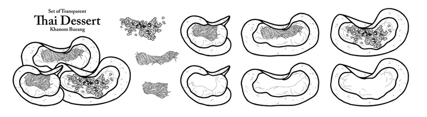 A series of isolated Thai desserts in cute hand drawn style. Thai crepes in black outline and white plain on transparent background for coloring book or menu design.