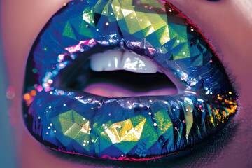 Glamouröser Diamantglanz: Geschminkte, glänzende Lippen mit funkelnder Diamantstruktur