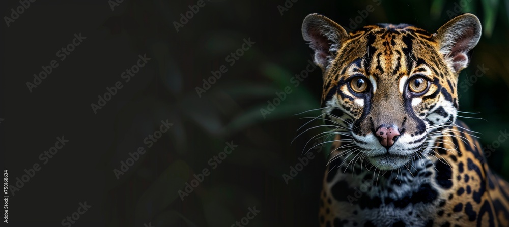 Poster male margay and kitten portrait with generous open area on the left suitable for text placement