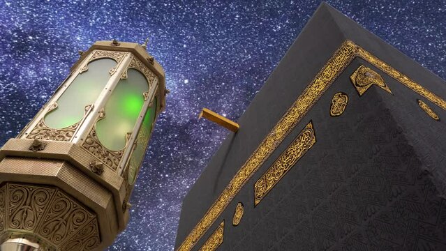 Kaaba in Masjid Al Haram Moving Galaxy Time Lapse. Makkah Mecca. Islamic Holy Site