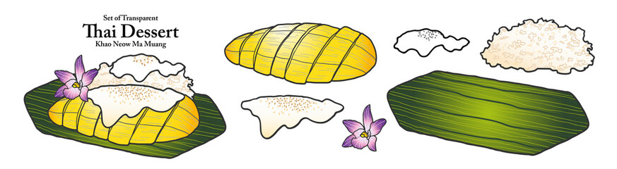 A series of isolated Thai desserts in cute hand drawn style. Mango Sticky Rice in vivid colors on transparent background for coloring book or menu design.