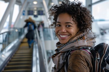 Black woman with an excited grin, scanning her boarding pass at the gate entrance, stepping onto...