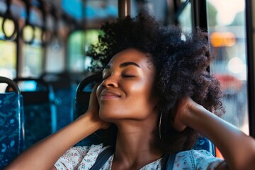 Black woman with a serene smile, closing her eyes and leaning back in her seat on the bus, enjoying a moment of relaxation and tranquility as she begins her vacation journey - obrazy, fototapety, plakaty