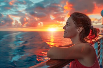 A woman with a radiant expression, admiring the stunning sunset from the deck of a cruise ship, the vibrant hues of the sky reflected in her eyes as she savors the beauty of nature on her special day - obrazy, fototapety, plakaty