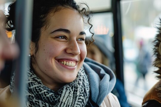 A young woman with a joyful grin striking up a conversation with a fellow passenger on the bus, exchanging travel tips and sharing excitement for their respective vacation adventures