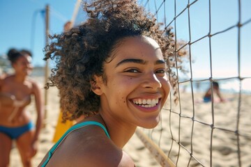 A black woman with a gleeful grin, indulging in a playful game of beach volleyball with friends, the sun-kissed sand