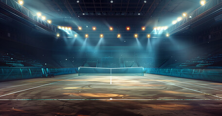 football stadium at night, illuminated by bright lights and spotlights