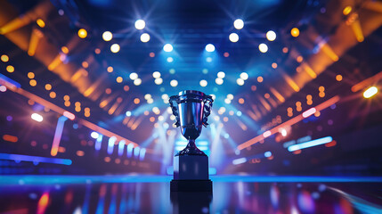 Esports winner trophy shown on stage in the middle of the arena of the computer video game championship. Cybersport champion trophy