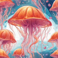 Fototapeta na wymiar Beautiful Jellyfish in Pacific sea, Deep Ocean background. Generative AI