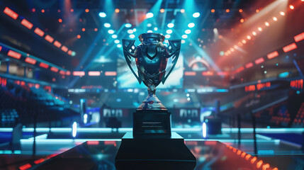 Esports winner trophy shown on stage in the middle of the arena of the computer video game championship. Cybersport champion trophy - obrazy, fototapety, plakaty