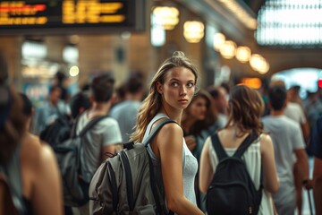 A woman with a determined look, pulling her luggage through the bustling train station crowd, her focus solely on reaching her platform and beginning her vacation adventure