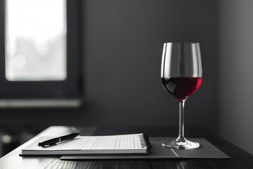 glass of red wine on a table, tasting red wine and making notes at degustation card, sommelier