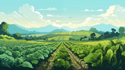 Foto op Canvas Illustration vectorielle de champs, cultures, avec belle vue, paysage. Arbre, nature, agriculture. Pour conception et création graphique. © FlyStun