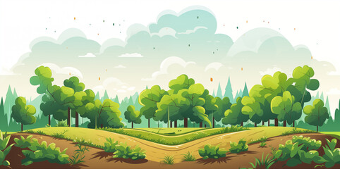 Illustration vectorielle de champs, cultures, avec belle vue, paysage. Arbre, nature, agriculture. Pour conception et création graphique.