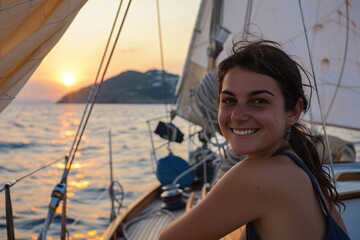 Woman with a beaming smile, embarking on a sunset sailboat cruise, the billowing sails and the salty sea breeze setting the stage for an evening of adventure and romance on the shimmering waters