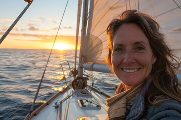 Adult woman with a beaming smile, embarking on a sunset sailboat cruise, the billowing sails and the salty sea breeze setting the stage for an evening of adventure and romance on the shimmering waters